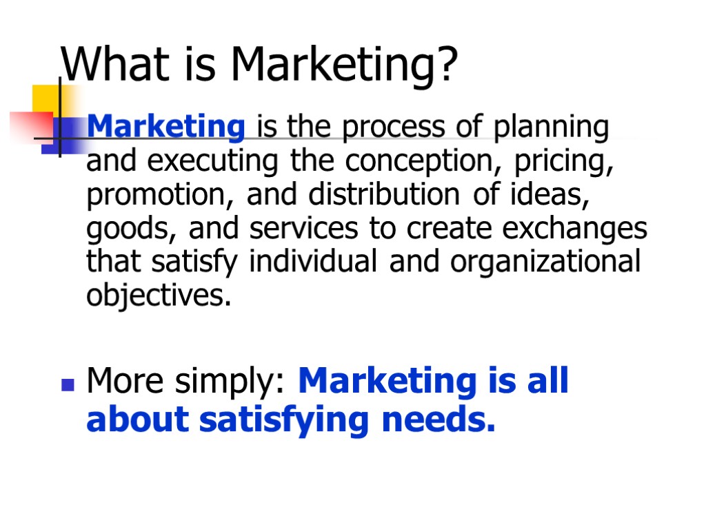 What is Marketing? Marketing is the process of planning and executing the conception, pricing,